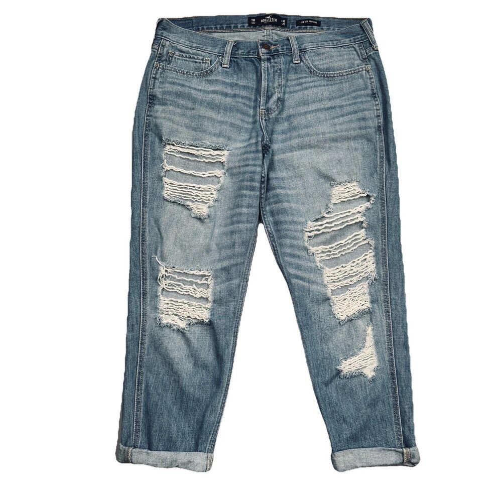 Hollister Boyfriend Crop Jeans 11 Blue Distressed Cuffed Button Measures 33 x 23